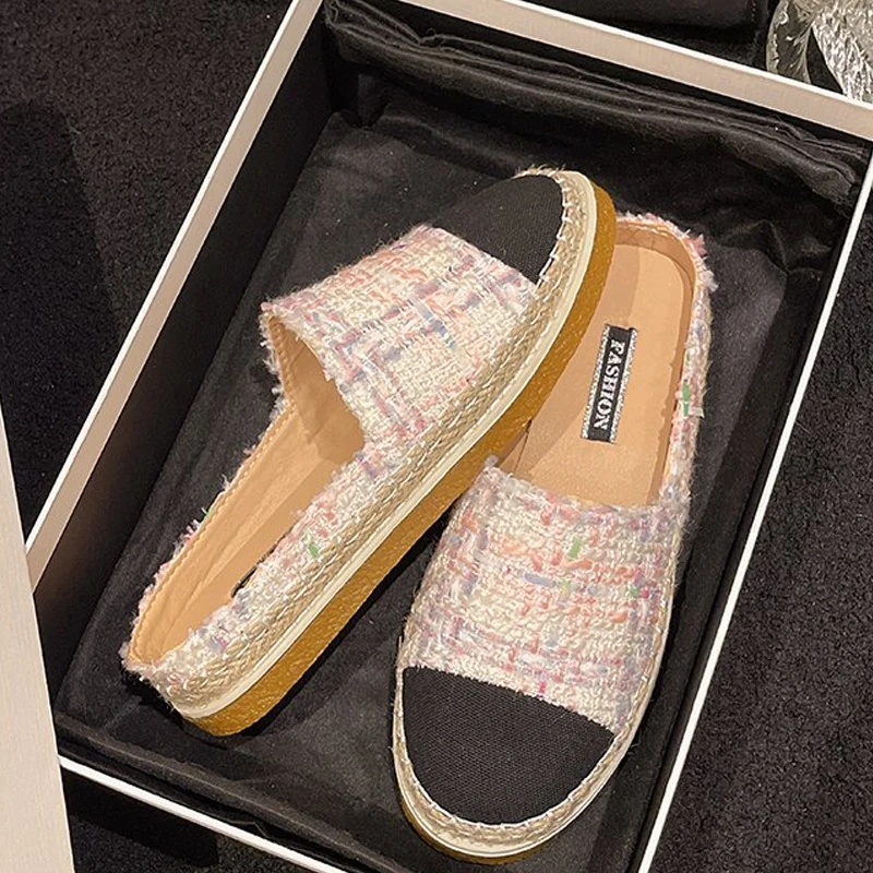 Luxury Pink Tweed Mule Loafers Woman Elegant Round Toe Espadrille Sneakers Ladies Brand Design Thick Sole Slip-on Fishman Shoes