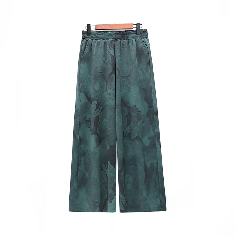 2023 Fashion Women Wide Leg Pants Spring Summer Thin Elastic Imitation Silk High Waist Loose Casual Ink Printing Trousers 5xl