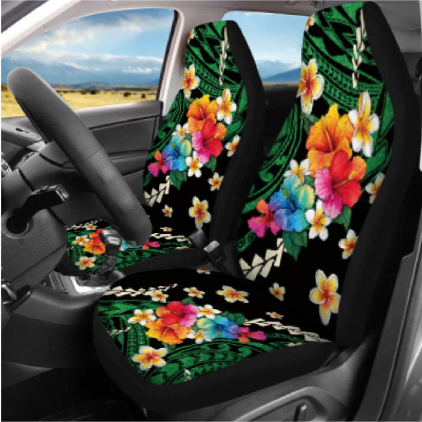 Coloranimal Tropical Flowers 14 Pcs Automobile Seat Covers Set with Elastic Car Armrest Cover and Car Safety Belt Pad for Car
