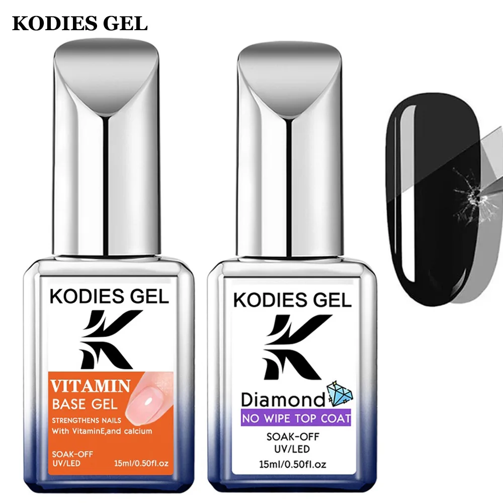 KODIES GEL 2 PCS/Set Diamond Top Coat Gel Nail Polish Viatmin Rubber Base Coat Strong Long Lasting Gel Finish Manicure Nail Art
