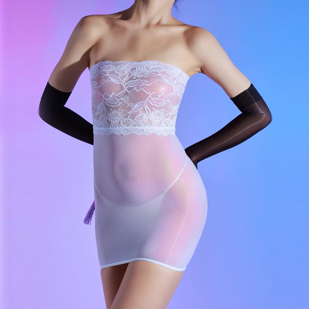 Sexy Frauen 5D dünne enge Bleistift süße Kleid Spitze schiere durchsichtig Micro Mini Kleid Öl glänzend figurbetont Tube Maid Kleid