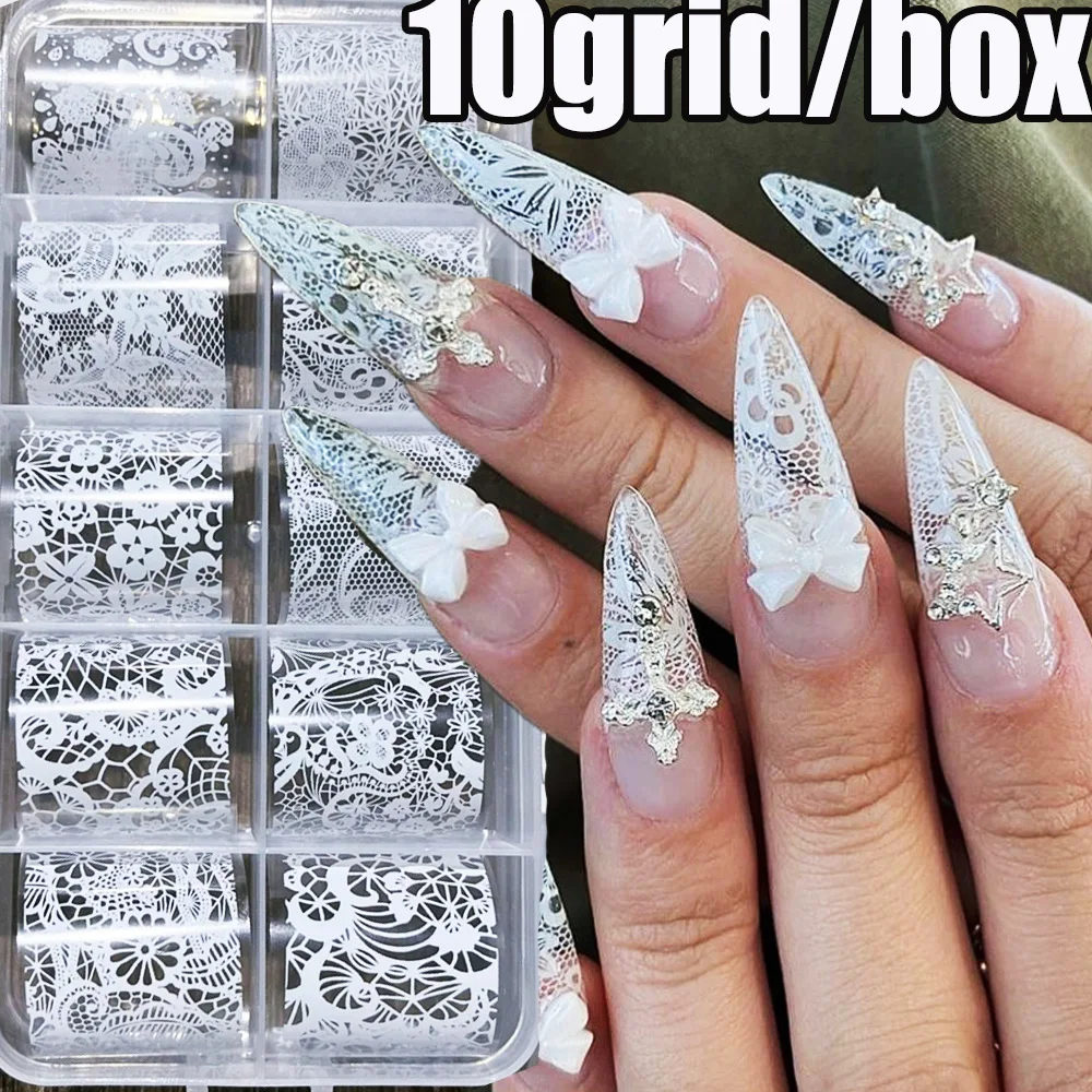 4X25 cm-10 rollen Sexy Zwart Wit Kant Nagelfolie Ultra-Dunne Witte & Zwarte Kant Bloemen Nail Transfer Papier voor Bruiloft Bruid Decal