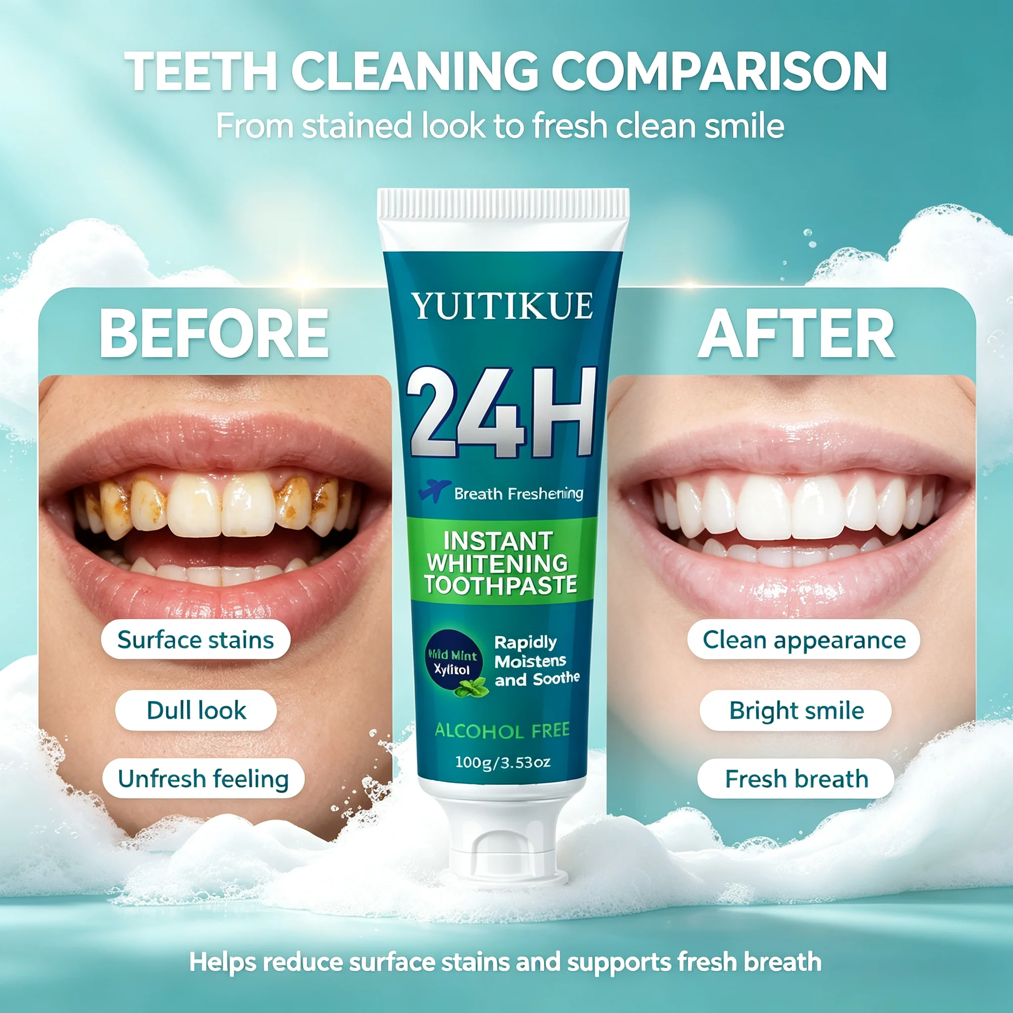 Instant Whitening Toothpaste Mild Mint Formula Soothe Oral Tissue Long Lasting Fresh Breath Daily Home Dental Care 100g