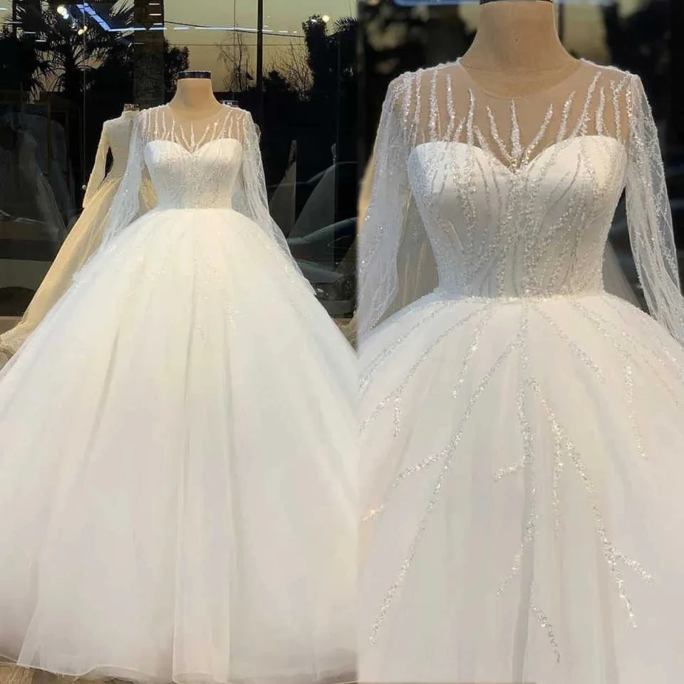 

2025 New Puffy Church Wedding Dress Sheer Neck Long Sleeves Sequins Appliques Bridal Bride Gowns Arabic Dubai Vestidos De Noiva
