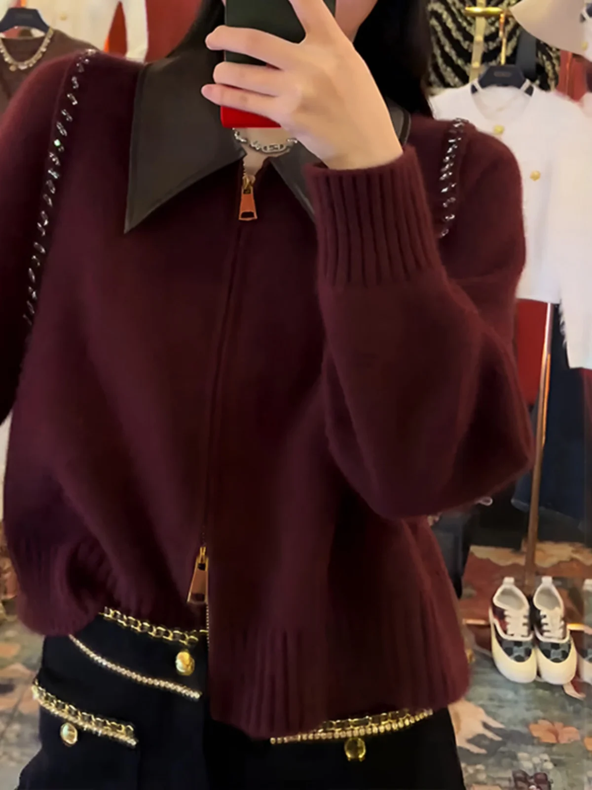 

Ele Wine Red Heavy Embellied Korean Sle Women's Sweater Jaet Patchwork Trendy Faion Lazy Sle Commute Design