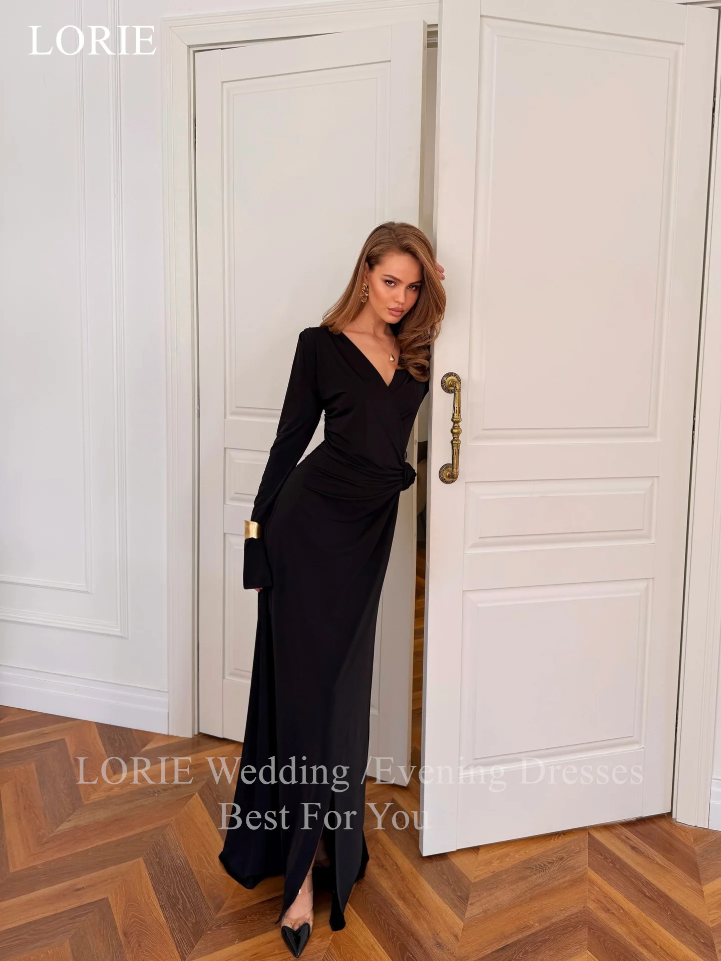 

LORIE Chic Black Evening Dresses V-Neck Full Sleeves Side Slit Party Dress Pleats A-Line Floor-Length Prom Gowns Customized