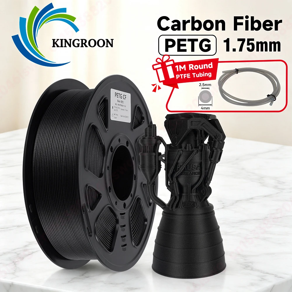 KINGROON Carbon Fiber PETG 3D Printer Filament with Clear Gray PTFE Tube 1.75mm 1KG PETG-CF 3D Printing Material for Bambu Lab