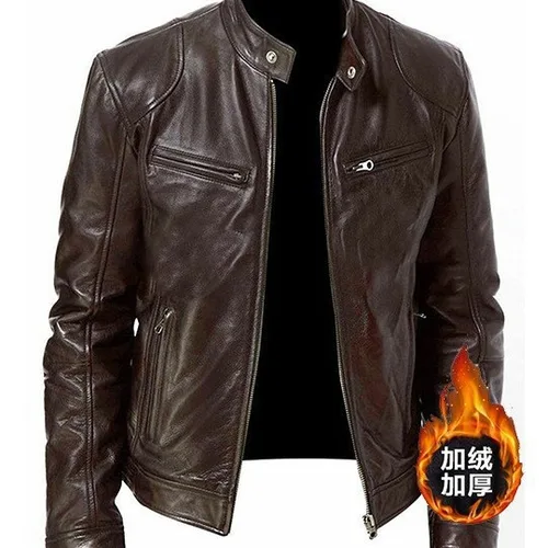 Nuevas chaquetas de cuero para hombre, Otoño Invierno, chaqueta delgada de alta calidad para motocicleta de PU, abrigos de cuero negros cálidos de lana de negocios para hombre