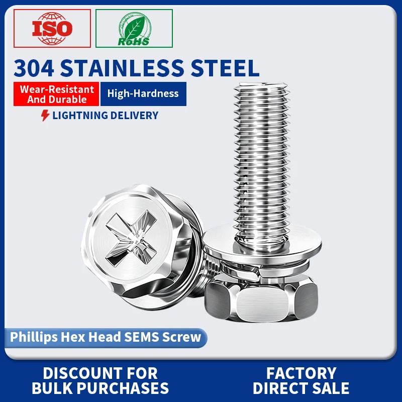 304 Stainless Steel Phillips Hex Head Combination Screw M3/M4/M5/M6/M8with Spring&Flat Washers Anti-Rust Machine Screw GB9074.13