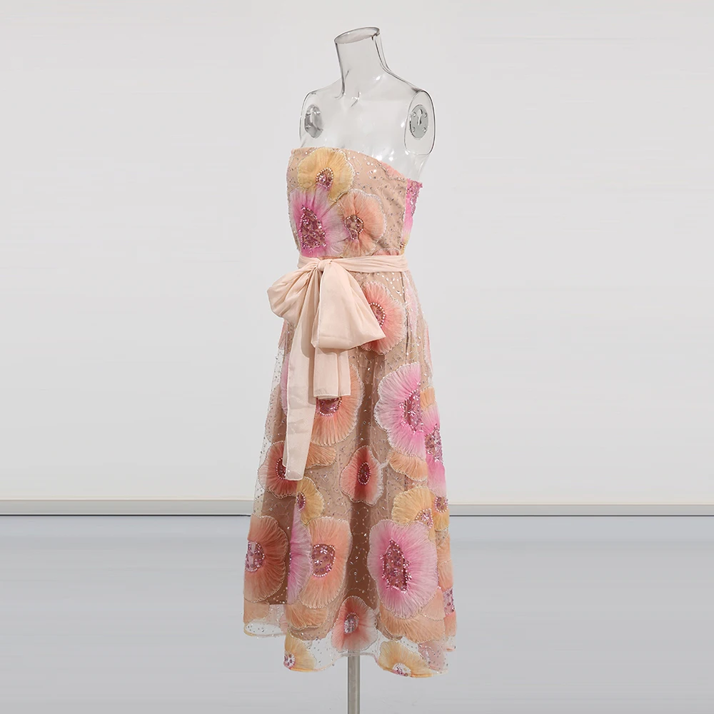 TWOTWINSTYLE Sukienki damskie w stylu colorblock, z siateczką, kwiatami, eleganckie, bez ramiączek, bez rękawów, patchworkowe, zdobione koralikami, moda damska