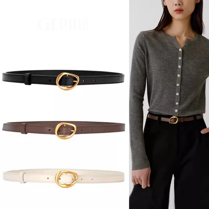 

Golden Buckle Alloy Buckle Belt Women Genuine Cowhide Leather Italian Fashion Stiches Strim New Designed Jeans Waist Decoration