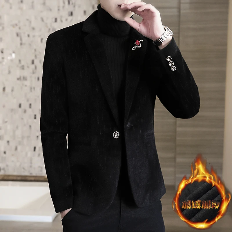 

Мужской зимний утепленный пиджак из вельвета на флисовой подкладке, приталенный, модный, в корейском стиле, деловой повседневный, однобортный