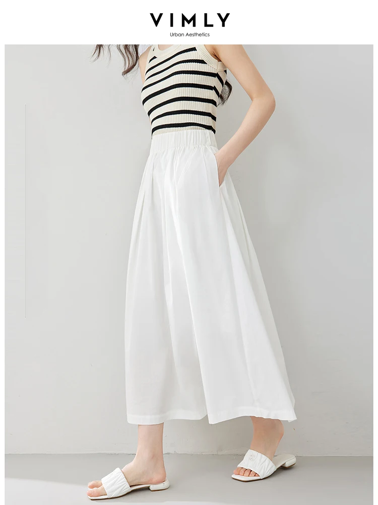 VIMLY Women Simple Commuter White Bustier Skirt 2024 Summer New Solid Versatile  A-Line Elastic  Waist Umbrella Skirt M7108