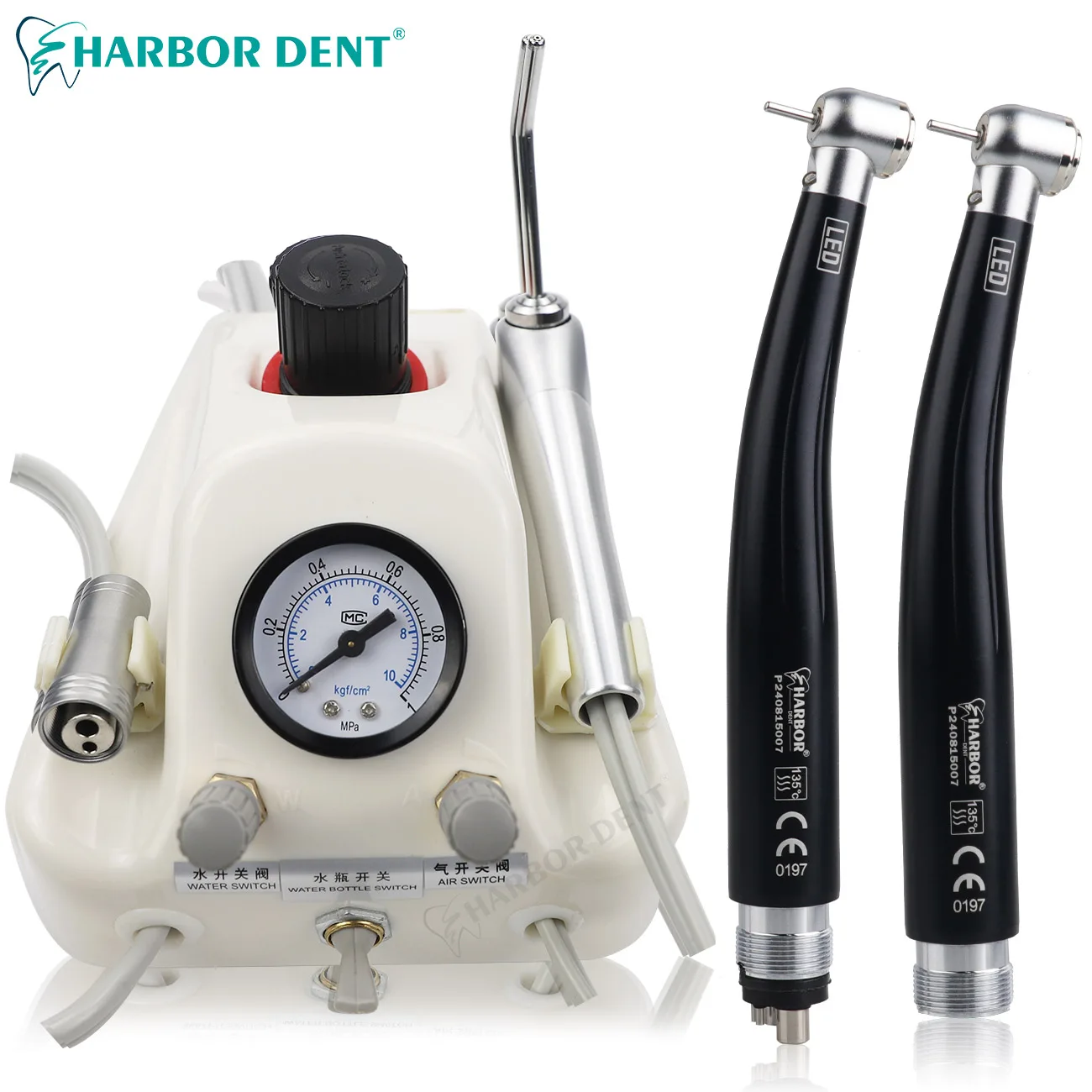 Portable Dental Turbine Unit Work  3 Way Syringe 2/4 Holes Teeth Whitening Dentistry Equipment Plastic Shell With LED Handpiece