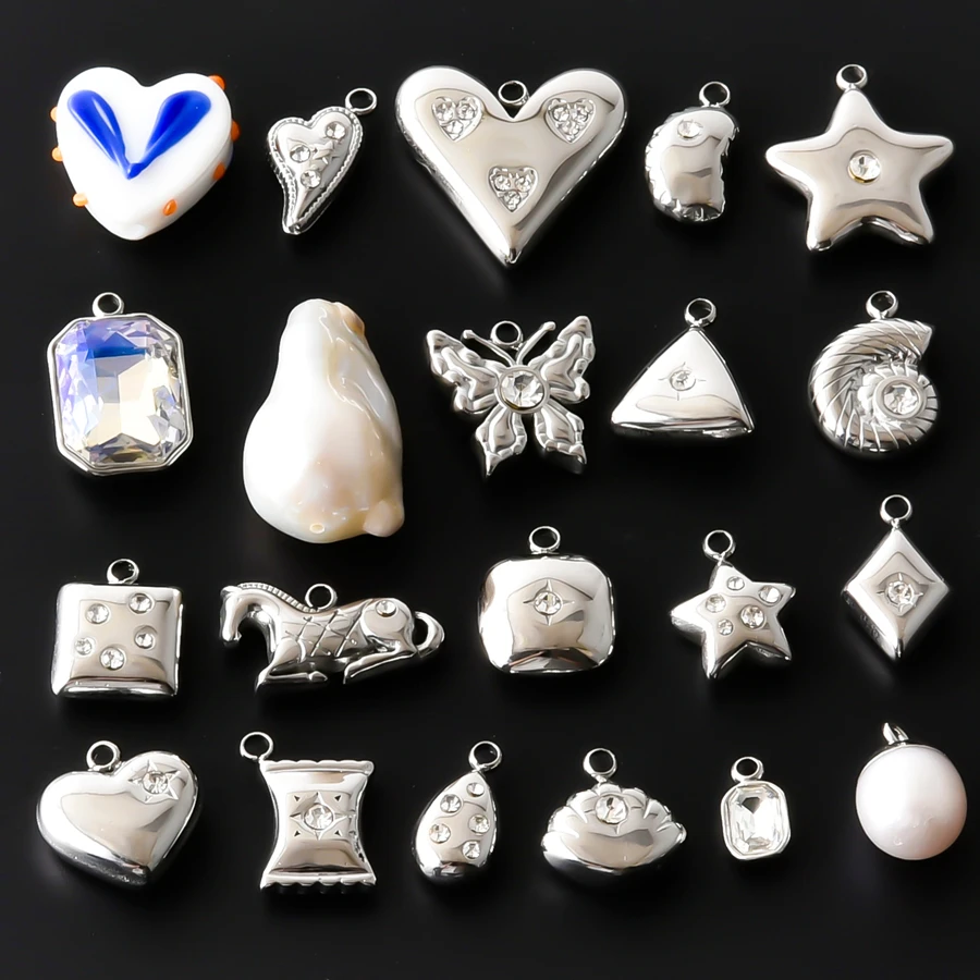 10pcs Stainless Steel Charms Bulk Zircon Inlaid Heart Butterfly Star Pearl Horse Pendant DIY Jewelry Bracelet Making Findings