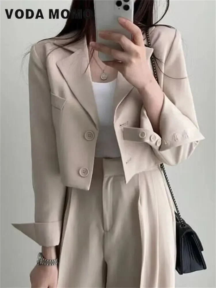 Spring Korean Casual Elegant Suits Blazer Jacket Wide Leg Trousers High Waist Pants Suits Female 2 Piece Sets Crop Top Coats