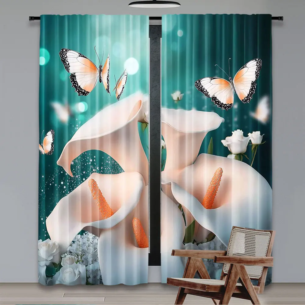 2Pcs Flower Butterfly Curtain White Flower Fantasy Spring Floral Scene Rose Dream Plant Nature Scenery Curtain A