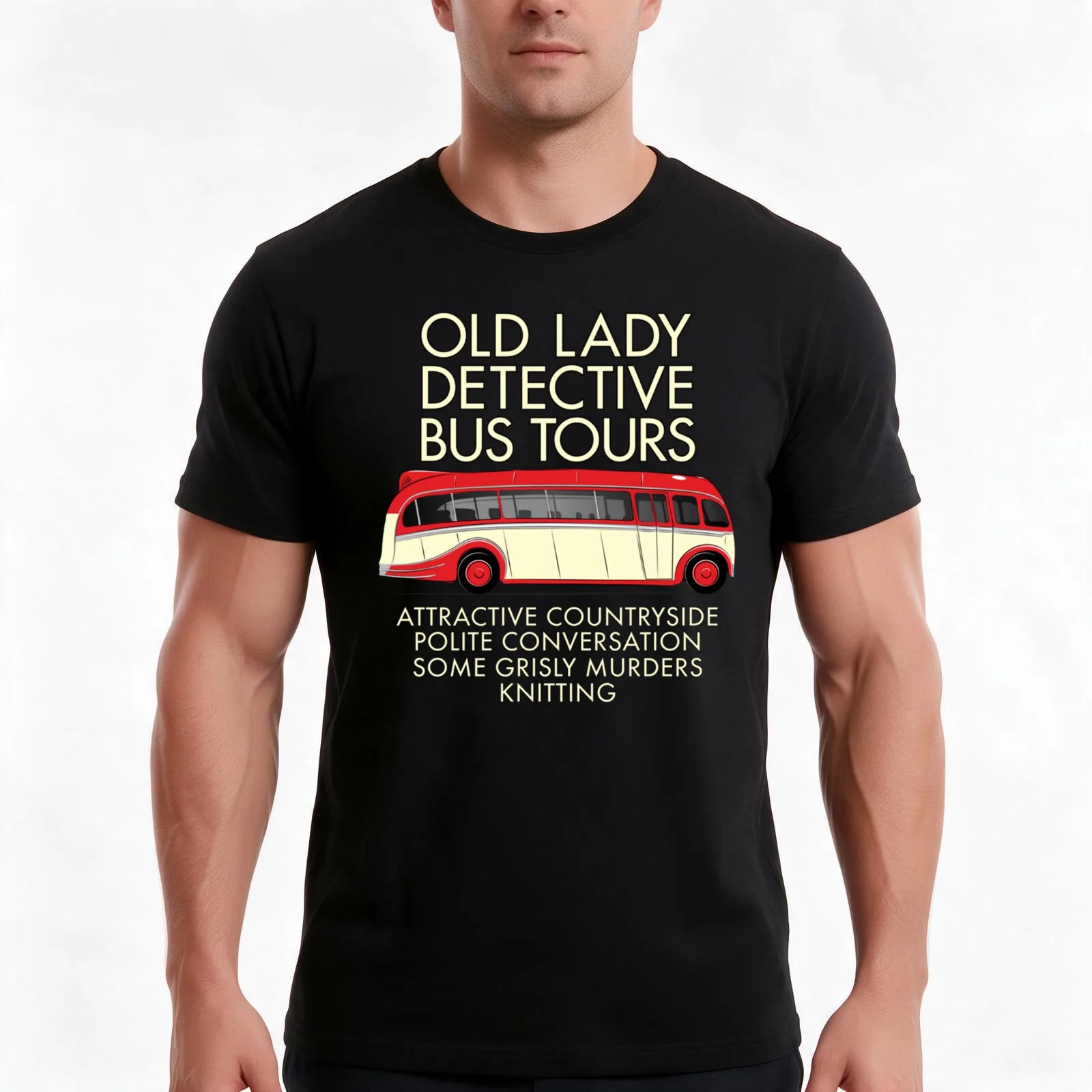 Old Lady Detective Bus Tours T-Shirt, Summer Casual Cotton Tee, Oversized Streetwear Tops, Vintage Graphic Print, 100% Cotton