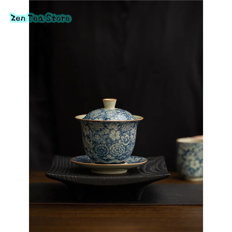 Retro Ru Kiln Flower Ceramic Three Covered Bowl Kung Fu Tea Set Single Open Piece Can Be Raised Not Hot Tea Infuser