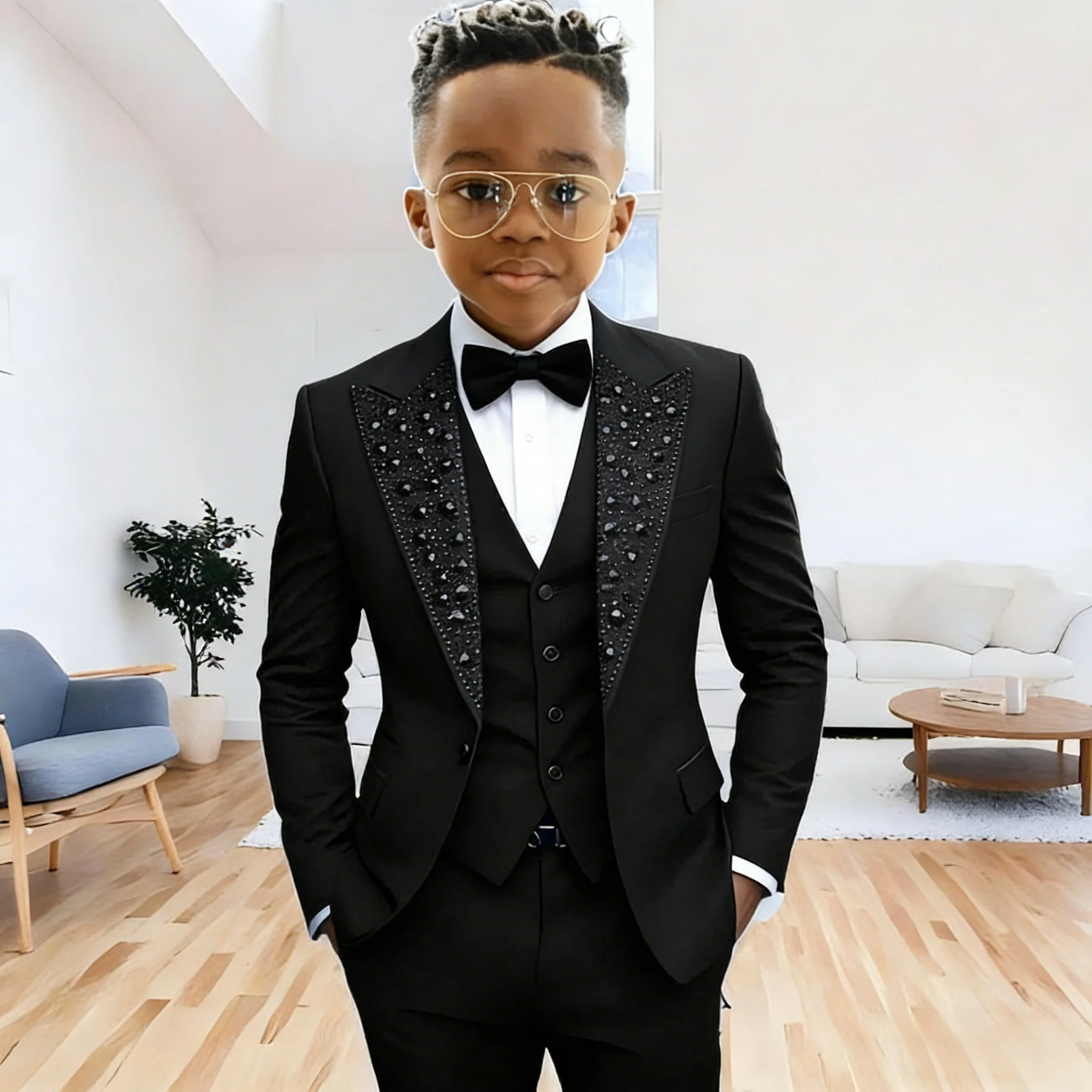Black Suit for Boys Evening Party Tuxedo Kids Wedding Beaded Crystals Suit 3 Piece Boy Suit Jacket Pants Vest Formal Prom Dress