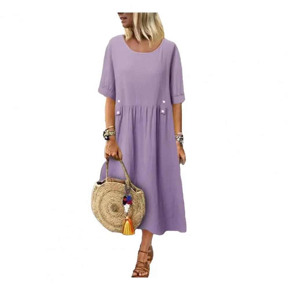 Women Dress Loose Fit Mid Length Dress Double Pockets Button Decoration Round Neck Short Sleeve Boho Style Summer Dress Workwear