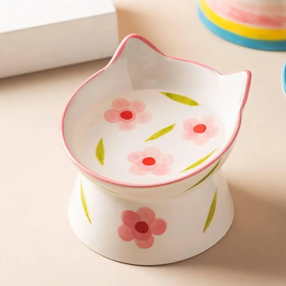 Ceramic Cat Bowl Handmade Cervical Spine Protection Cat Elevated Bowl Flat/Slanted Mouth Anti Tipping Dog Food Feeder