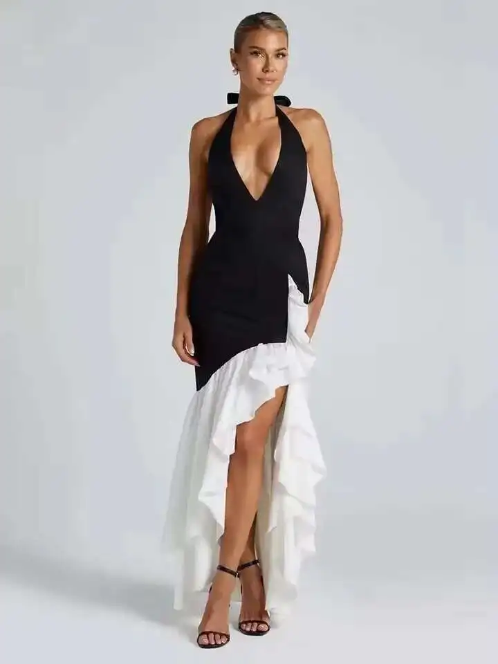 

Deep V Ruffles High Split Sexy Dress Women Summer Elegant Long Dresses Halter Backless Bodycon Summer Dress Vestidos 2025