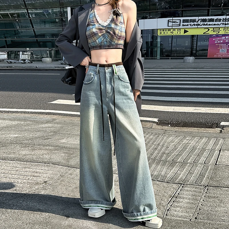

Retro Women Jeans High Waist Wide Leg Distressed Denim Pants Vintage Loose Fit Fashion Trousers Casual Street Style