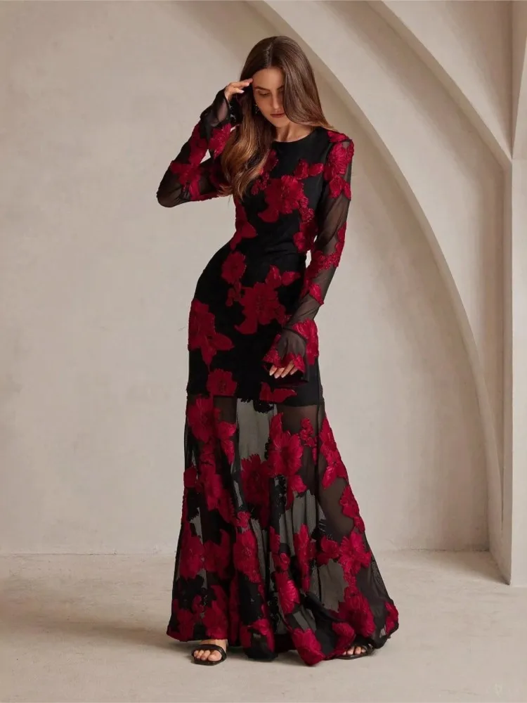 

Elegant Flower Jacquard Embroidery Evening Dress Women Fashion O Neck Backless Slim Party Banquet Dresses Temperament Female