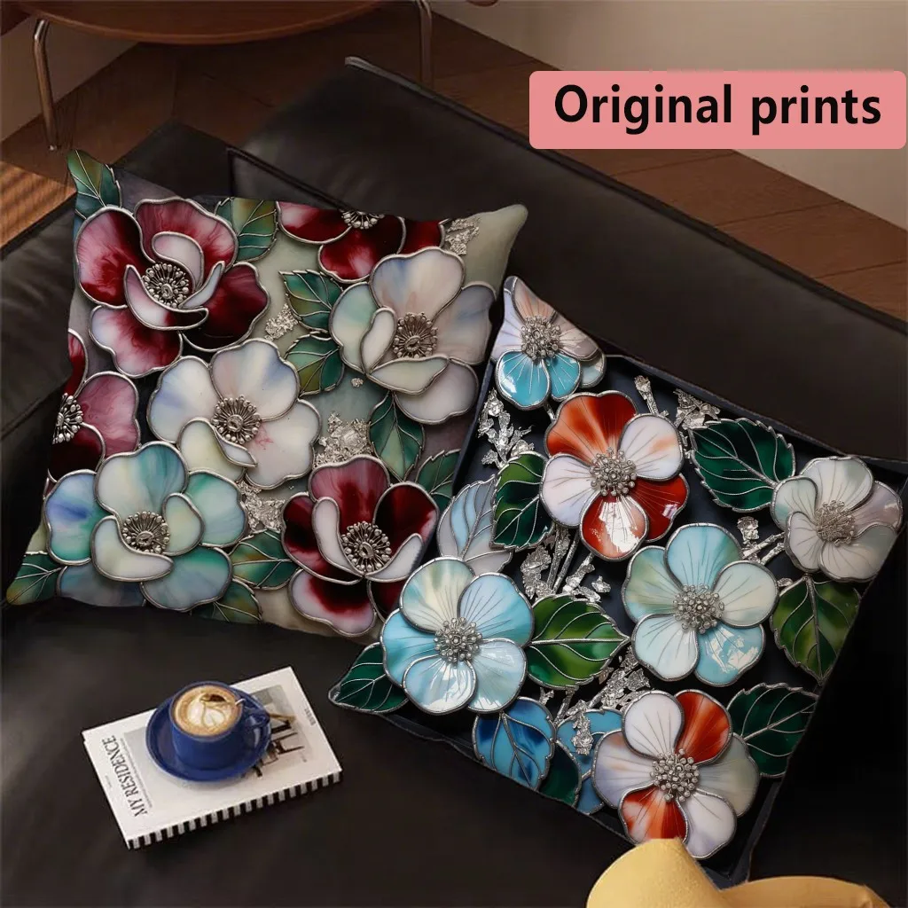 Enamel Floral Art Throw Pillow Covers Pattern Cushion Cover Suitable for Sofa Bedroom Car Pillow Cover