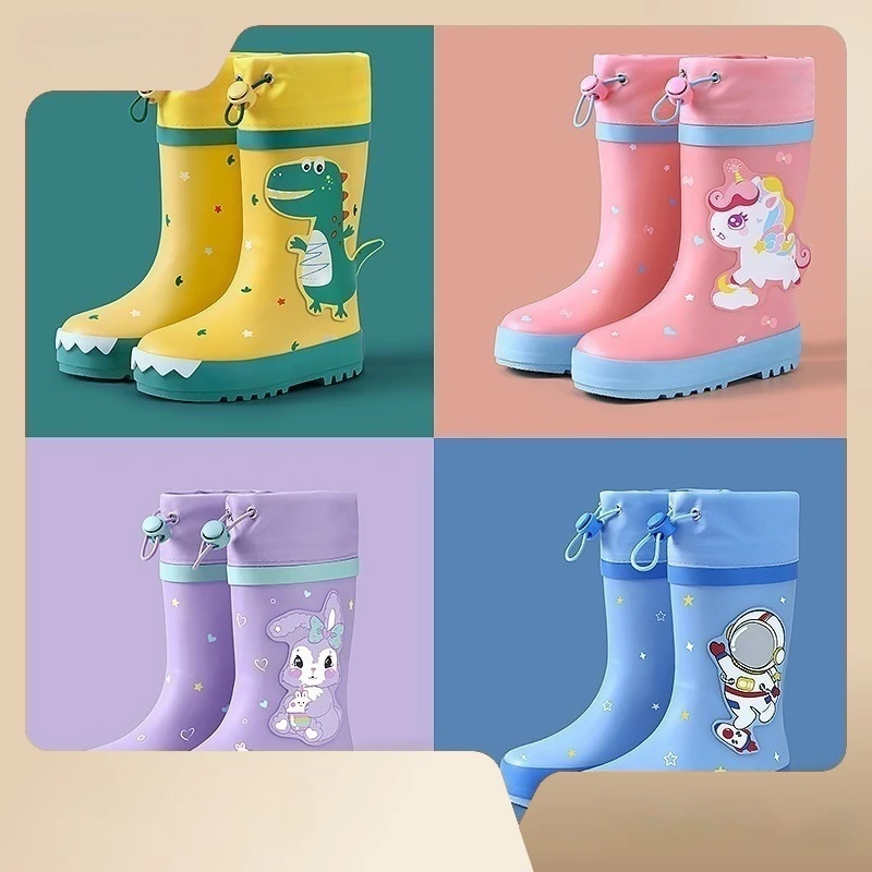 Zapatos de lluvia de goma para niños y niñas, Botas de lluvia de barril alto impermeables y antideslizantes, con dibujos de dinosaurios y conejos