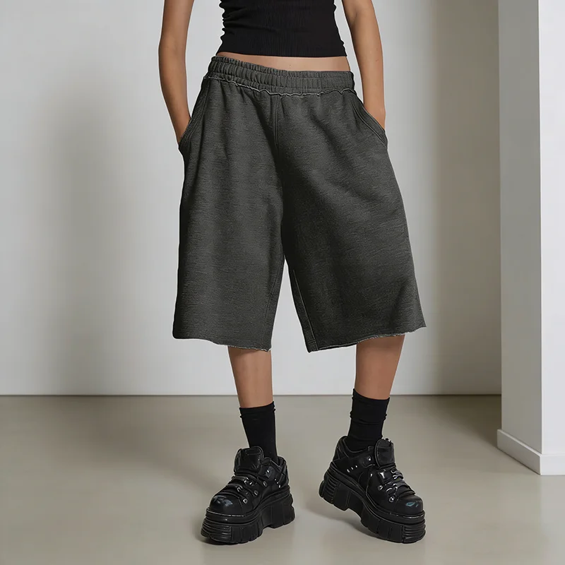 Spring Elastic Waist Casual Shorts Street Style Loose Fit Basic Solid Color Pentagram Pants for Men And Women