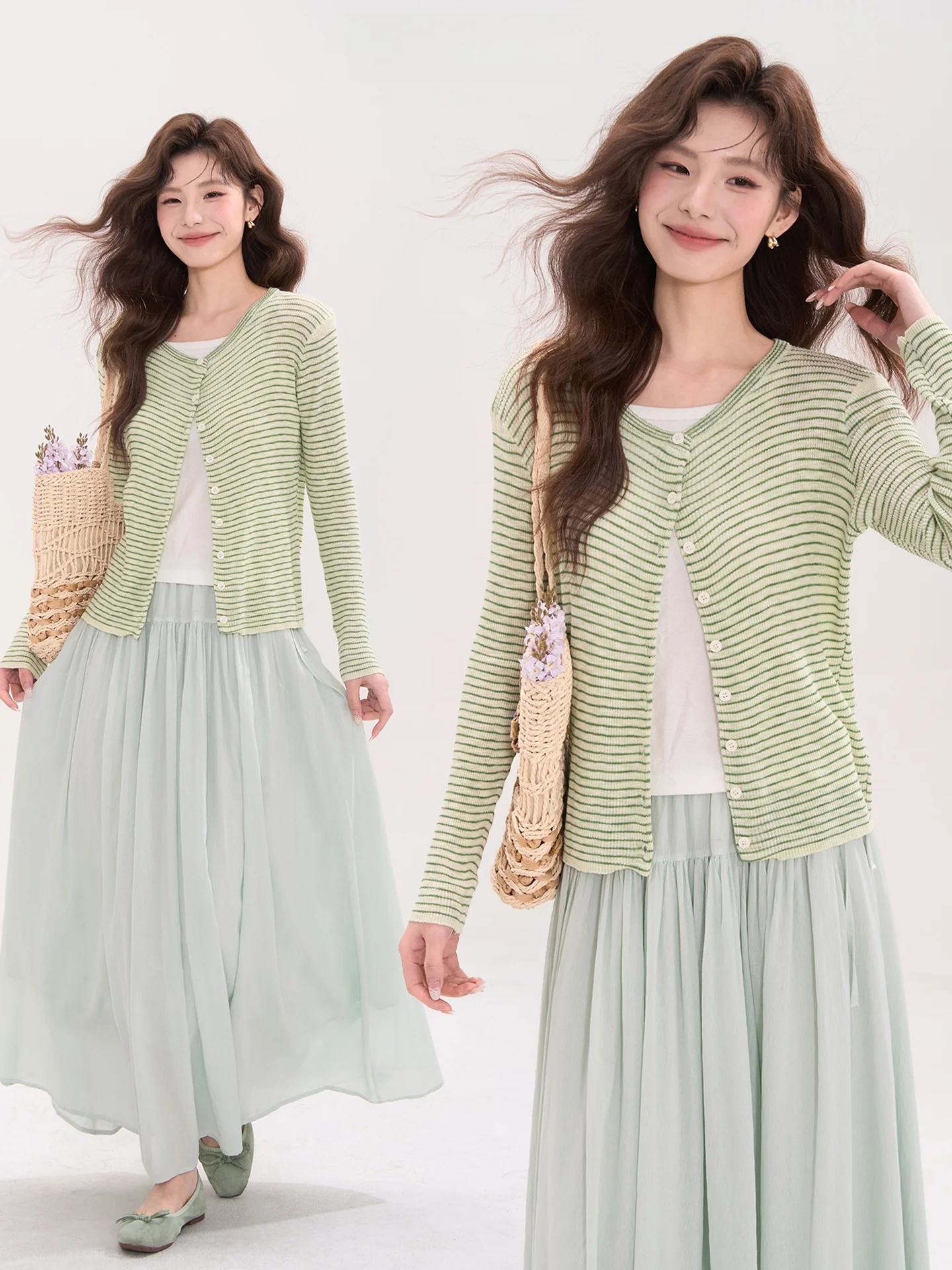 

Heme Lemon Soda Stripe Knitted Cardigan Women's Long Sve Spring Faionable een Vertical Stripes Casual Knitwear