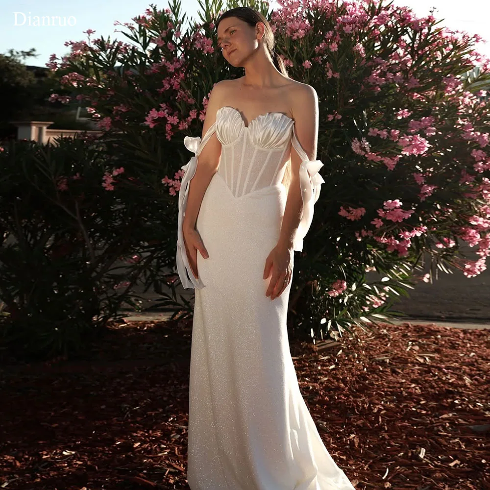 

Dianruo Glittery Sweetheart Wedding Dress Pleated Maxi Vestido De Noiva Formal Spaghetti Bow Straps Evening Dress Customized