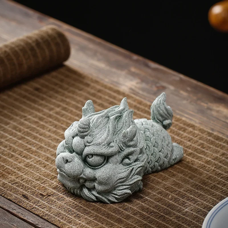 Creative Boutique Green Sandstone Tea Play Can Raise Fortune, Pixiu Tea Favorite Ornaments, Tea Table and Kylin Table Ornaments