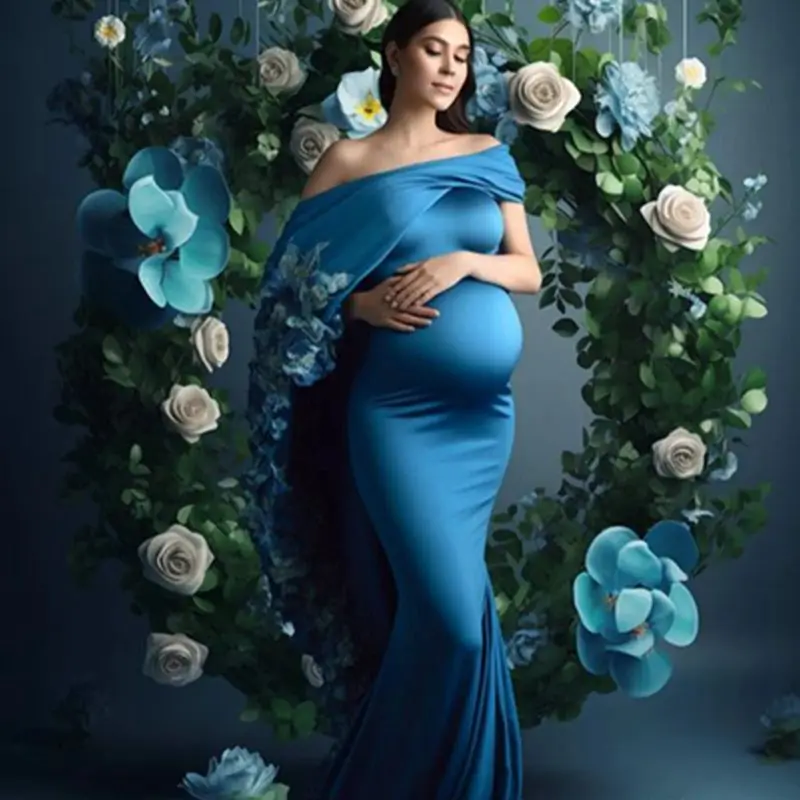 Royal Blue Satin Off Shoulder Long Mermaid Maternity Dresses for Evening Party Lapel Shawl and Hemline with Manually 3D Flowers