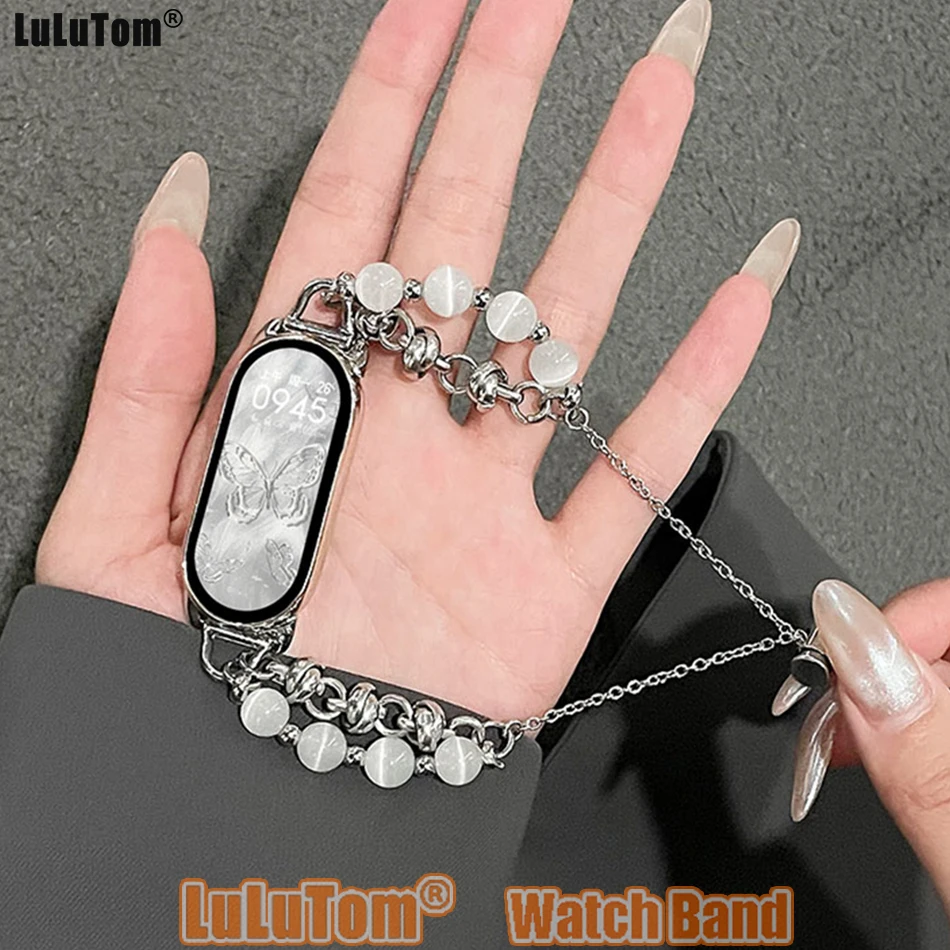 

Ремешок для Xiaomi Mi Band 10 9 8 Pro, модный ремешок для часов «кошачий глаз» с кристаллами и бисером для Miband 8Pro 9 Pro, металлический браслет-браслет