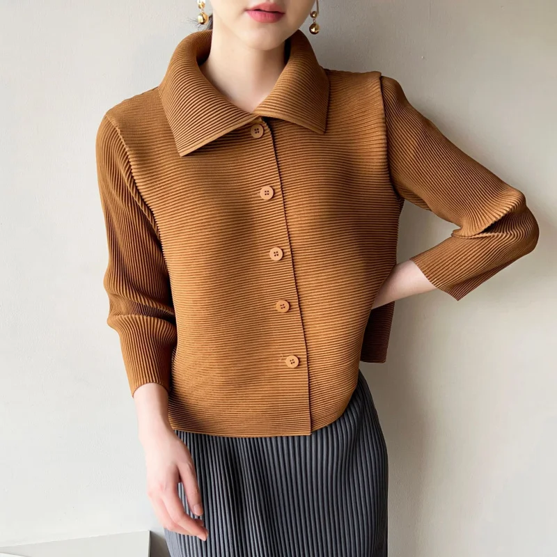 

Miyake autumn spring new high-end pleated fashionable women clothing niche Hong Kong style casual versatile commuting top [5321]