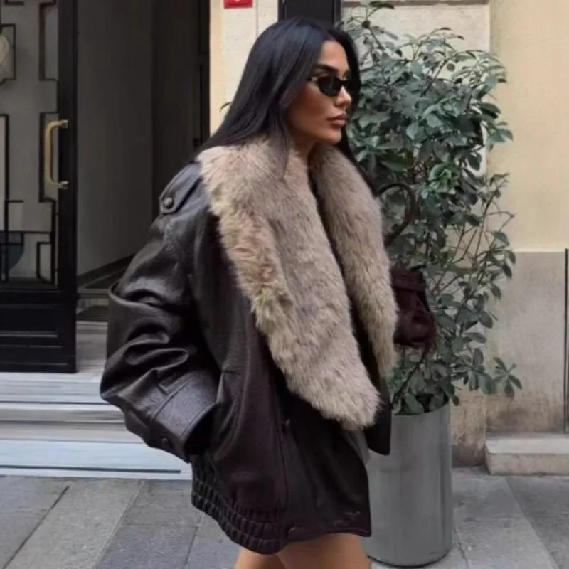 New High-end Fashionable Loose Fur Collar Leather Jacket for Autumn Winter Solid Color Large Fur Collar Leather Jacket for Women