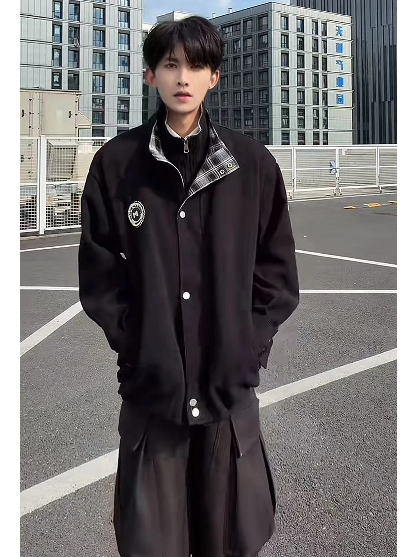 

Мужская осенне-зимняя куртка-бомбер Haome в американском стиле с эффектом двухслойности, в клетку, с воротником-стойкой, модная, трендовая, CleanFit