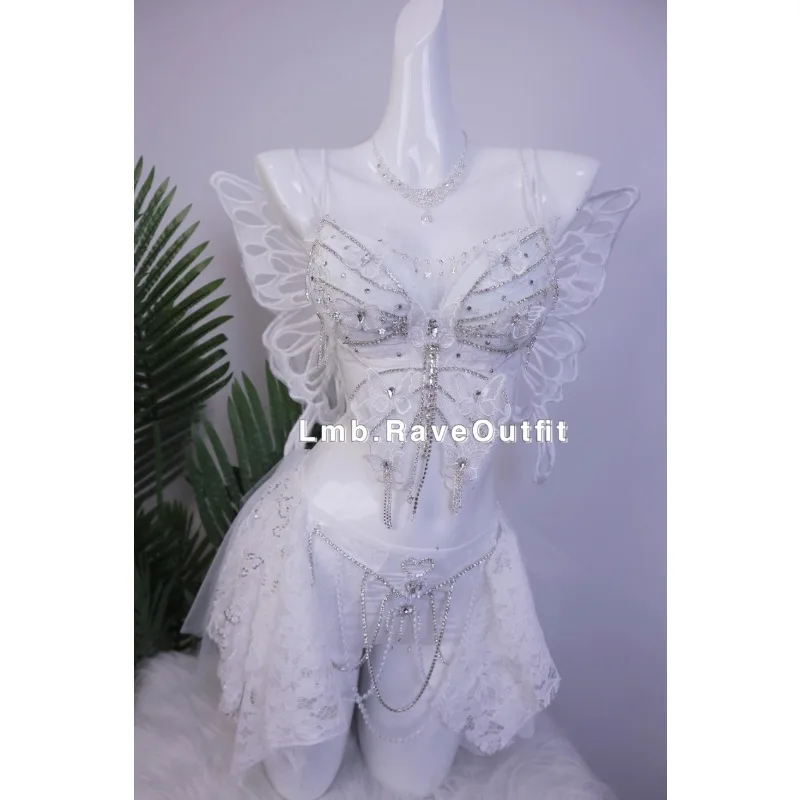 تخصيص أجنحة بيضاء مقطع كهربائي ترتد دي فاخر تألق الماس توتو تنورة مجموعة شريط مرحلة الأداء زي حمالات الصدر #5