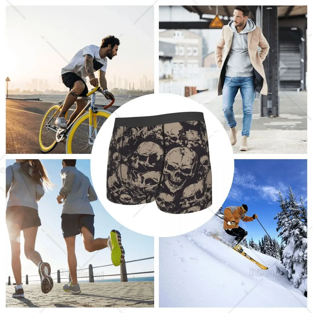 Funny Boxer Shorts Panties Men\'s Grunge Pattern with Skulls Rock Underwear Breathable Underpants for Male