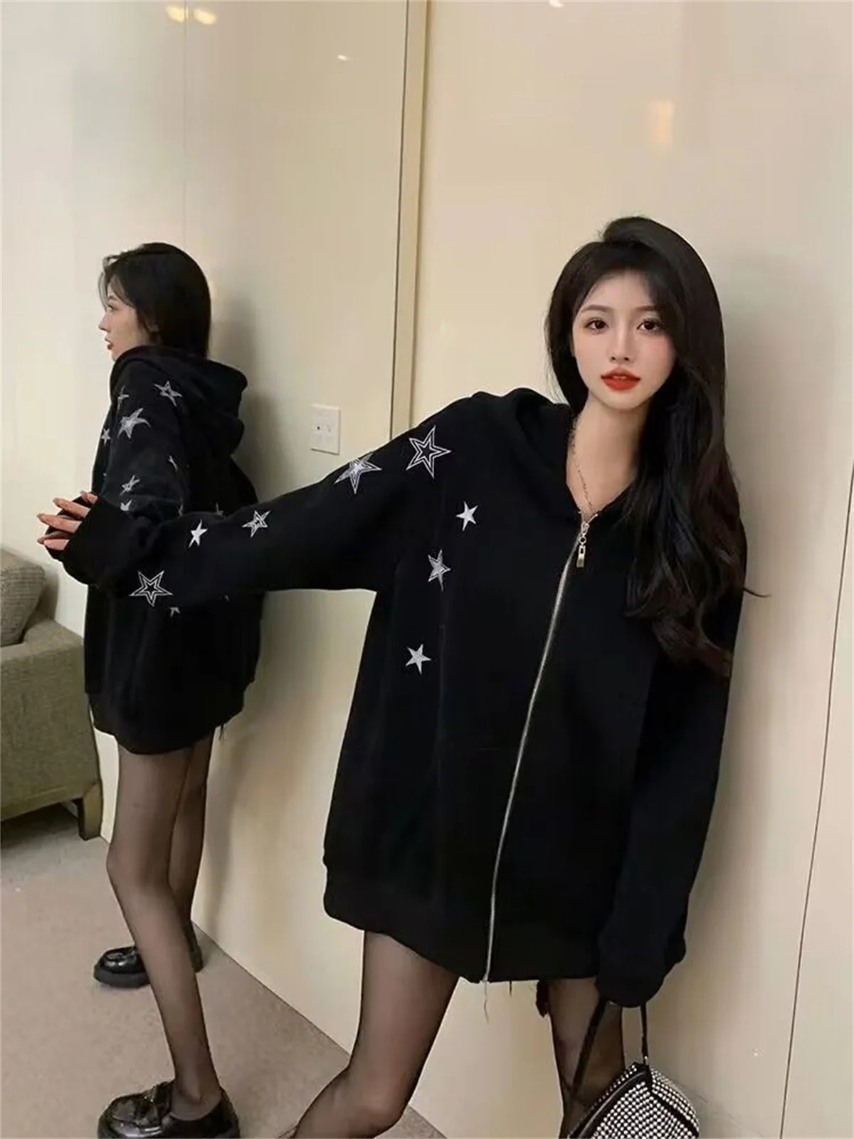 معطف بقلنسوة فريد من نوعه ومتخصص بطباعة نجوم للربيع والخريف، مجموعة من اتجاهات الموضة غير الرسمية، رياح كسولة متعددة الاستخدامات