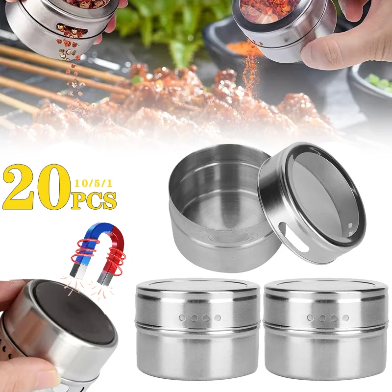 Stainless Steel Magnetic Spice Organizer Kit Seasoning Jars Adjustable Pour Vents Leakproof Holder for Kitchen Refrigerator