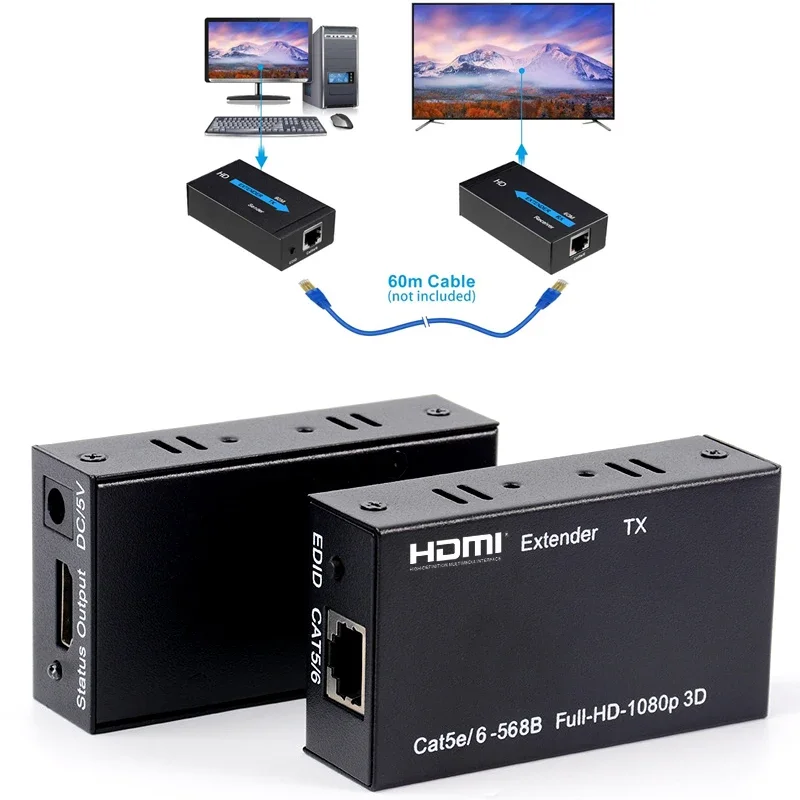 HD 60 متر HDMI Rj45 موسع 1080p مستقبل ومرسل الصوت والفيديو عبر القط 5e CAT6 كابل إيثرنت لأجهزة الكمبيوتر المحمول إلى شاشة التلفاز