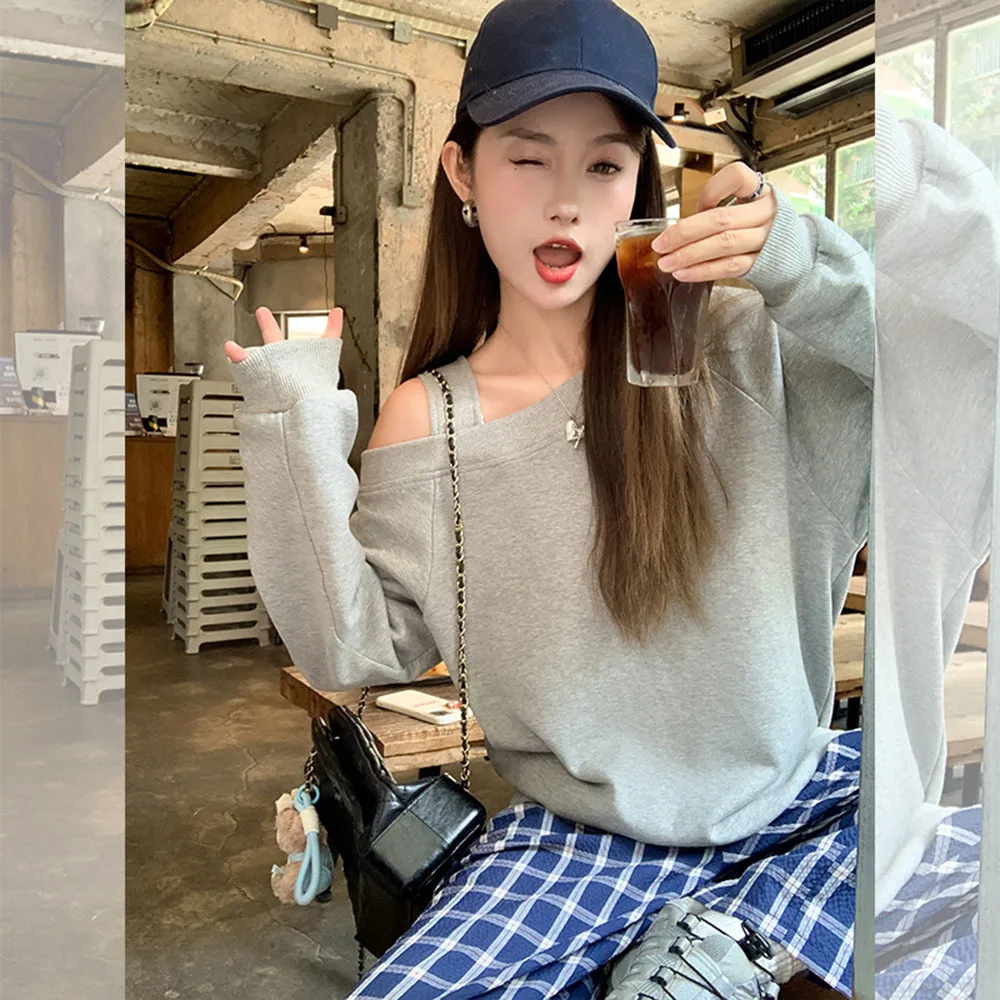 American Retro Slanted Shoulder Women's Sweatshirts Spring Fall Lazy Style Loose Hot Girl Off Shoulder Tops Female Gray Pullover