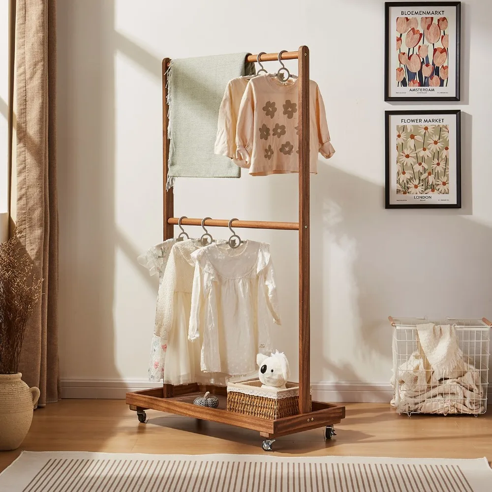 High Beech wood hanger floor clothes rack can moved with wheel vertical children's cloth drying rack coat solid wood stand rack