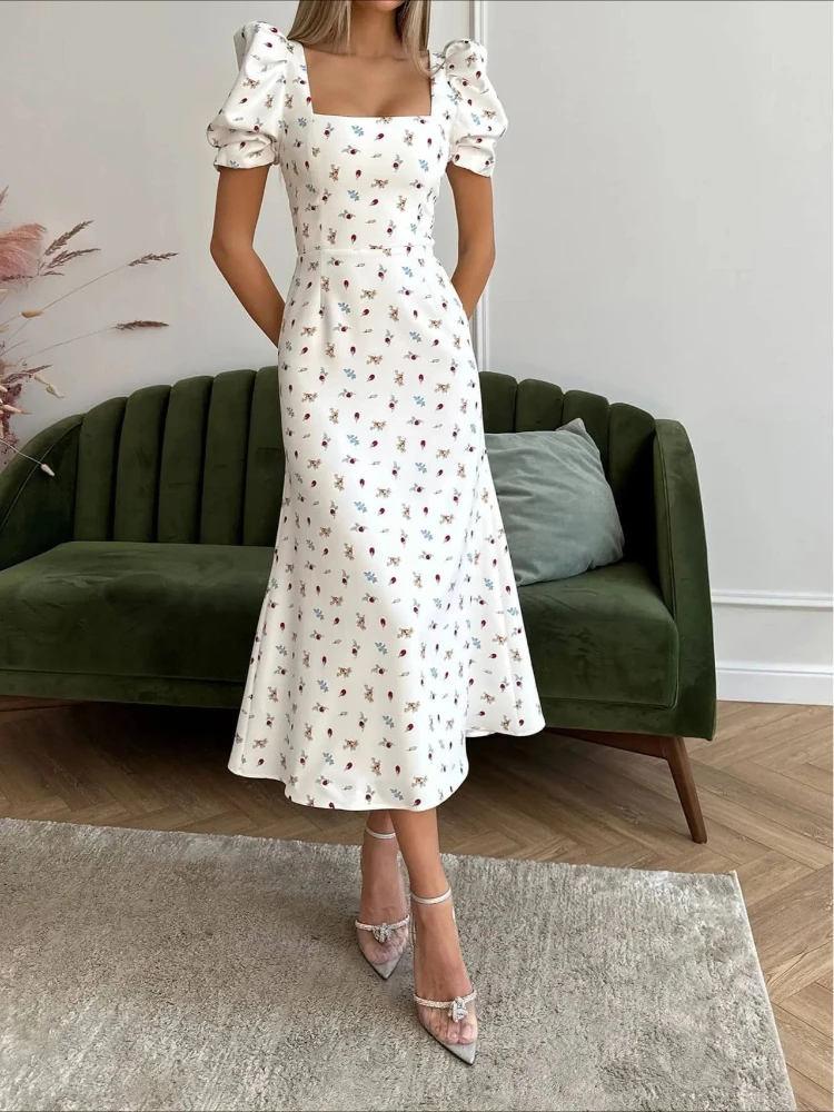 Sommerliches neues langes Kleid mit schmaler Taille, elegantes Damenkleid mit Blumenmuster, kurzärmeliges, frisches Kleid, weißes Kleid, Minikleid, sexy