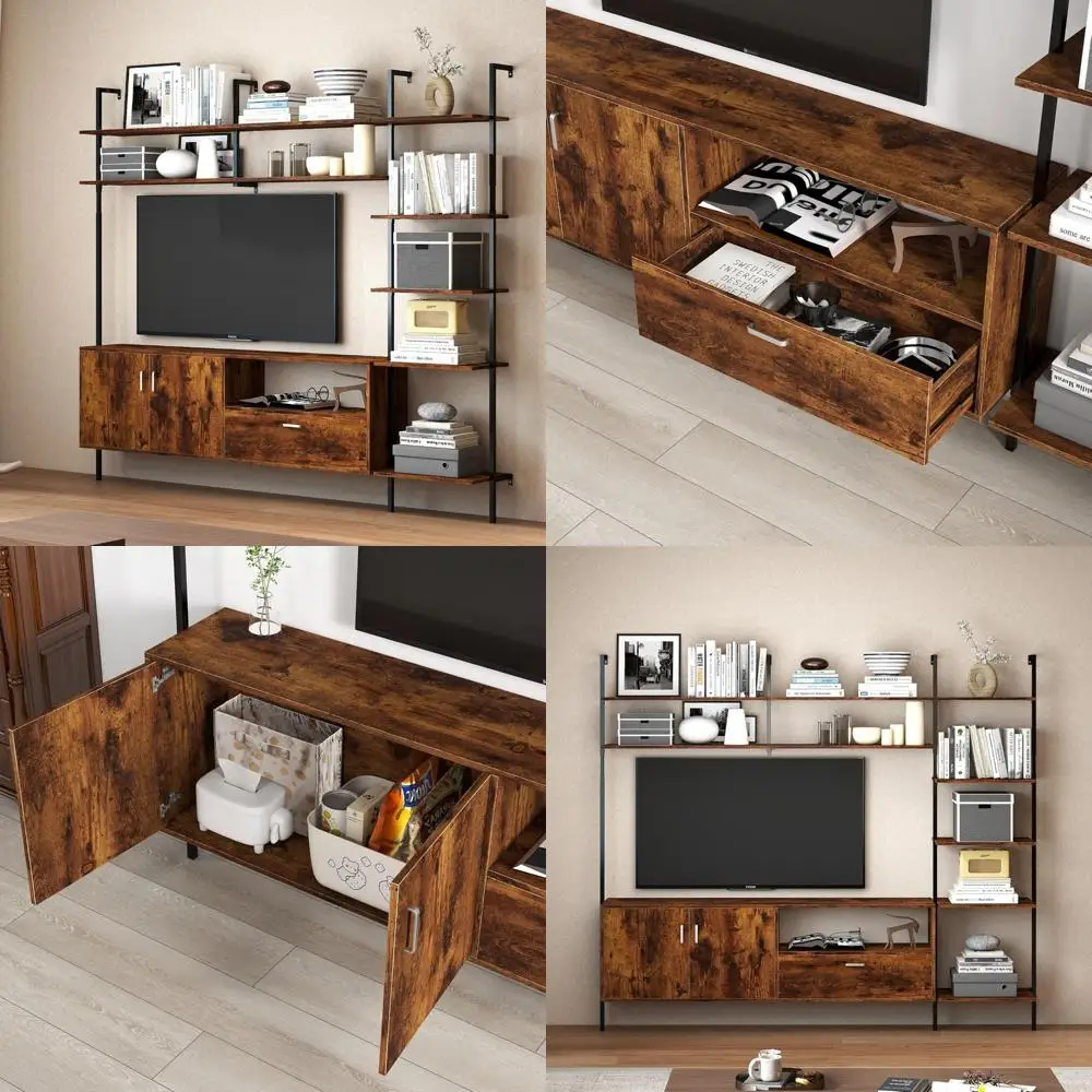 

Industrial Style Entertainment Center Wall Unit for 55-60 Inch TVs with Bookshelves and Adjustable Shelves