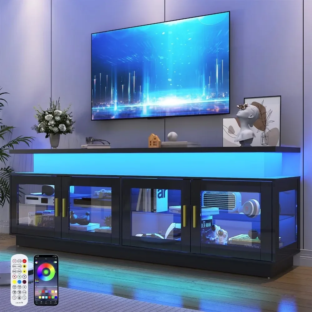 

71" LED TV Stand with Power Outlet, Fits 85" TV, Modern High Gloss Gaming Entertainment Center with Glass Door and Storage